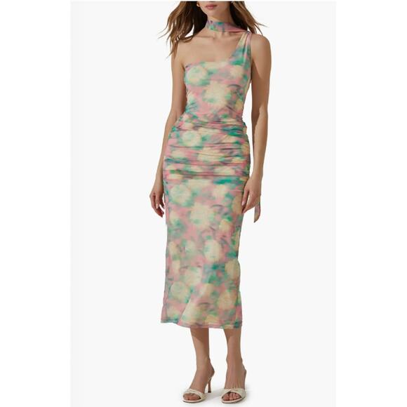 ASTR the Label Abstract Print Asymmetric Midi Green Pink Ruched Dress Size XL - Picture 3 of 15
